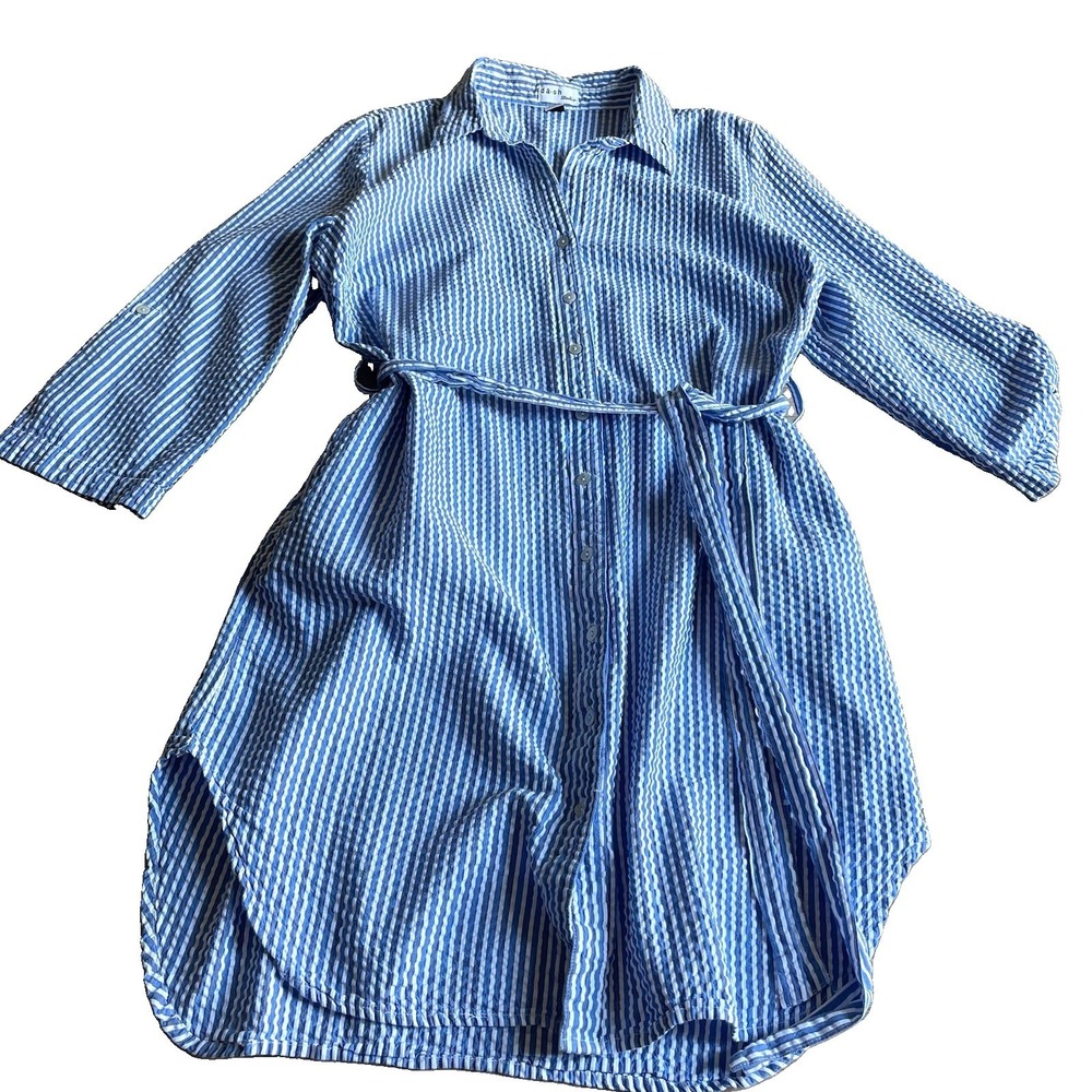 Dash Studio Seersucker Shirt Dress L Blue White Stripe Button Down Curved Hem